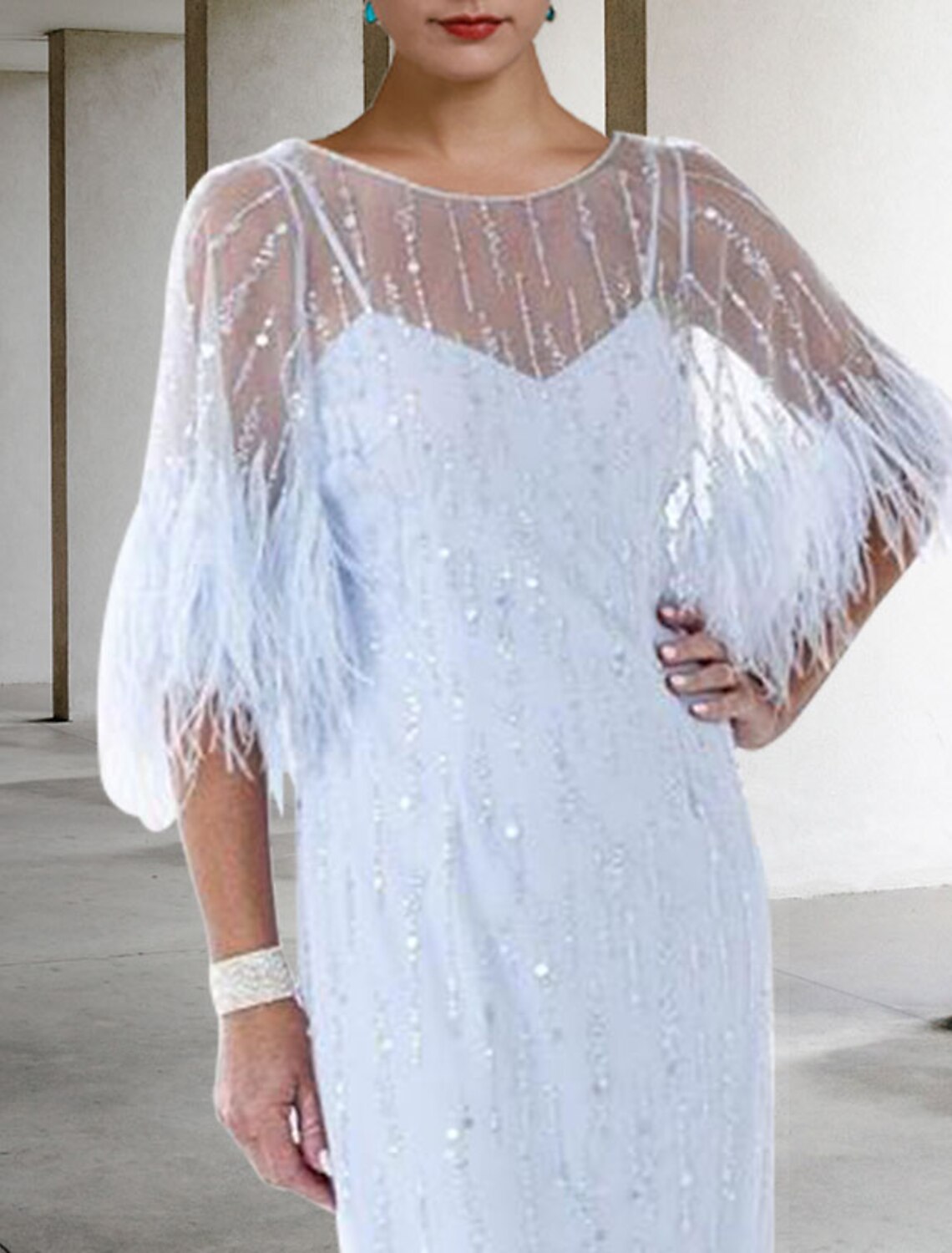 Wholesale  Sheath / Column Mother of the Bride Dress Fall Wedding Guest Sparkle & Shine Elegant Jewel Neck Knee Length Stretch Chiffon Half Sleeve with Feather Beading Sequin